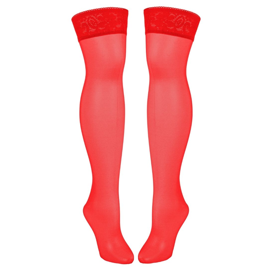 Sheerly Mesh Stay Up Stockings in Rose Red - Uye Surana
