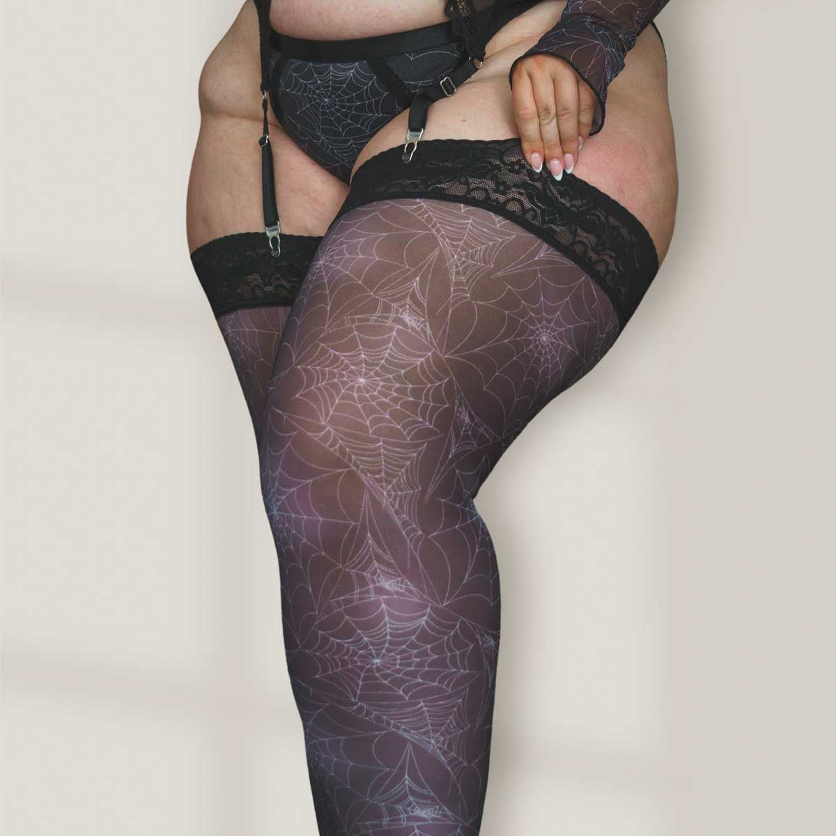 Spiders Lace Web Print Mesh Stay Up Stockings - Uye Surana
