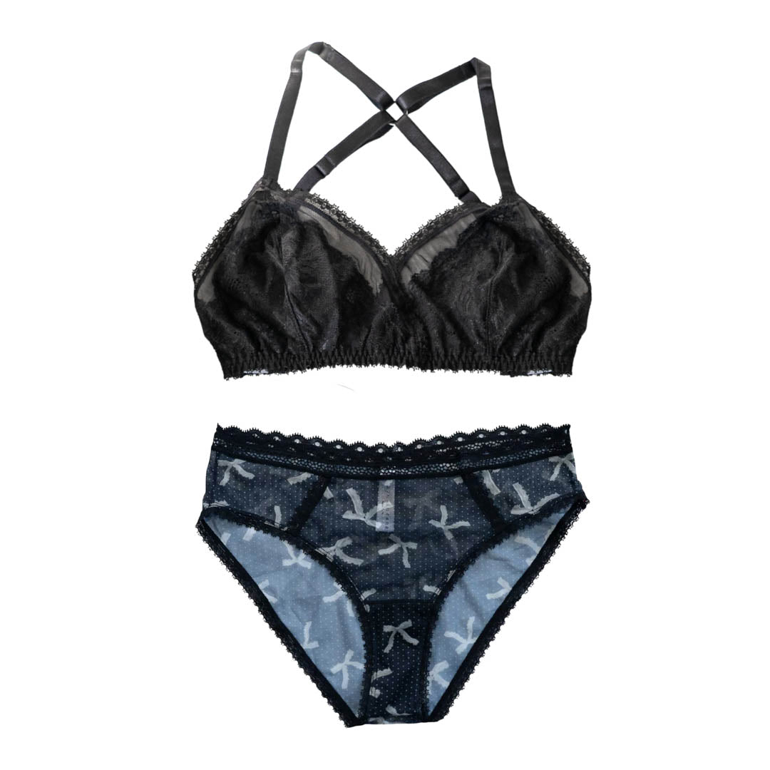 Black Lacey Racerback + Coquette Bows Lingerie Set - Uye Surana