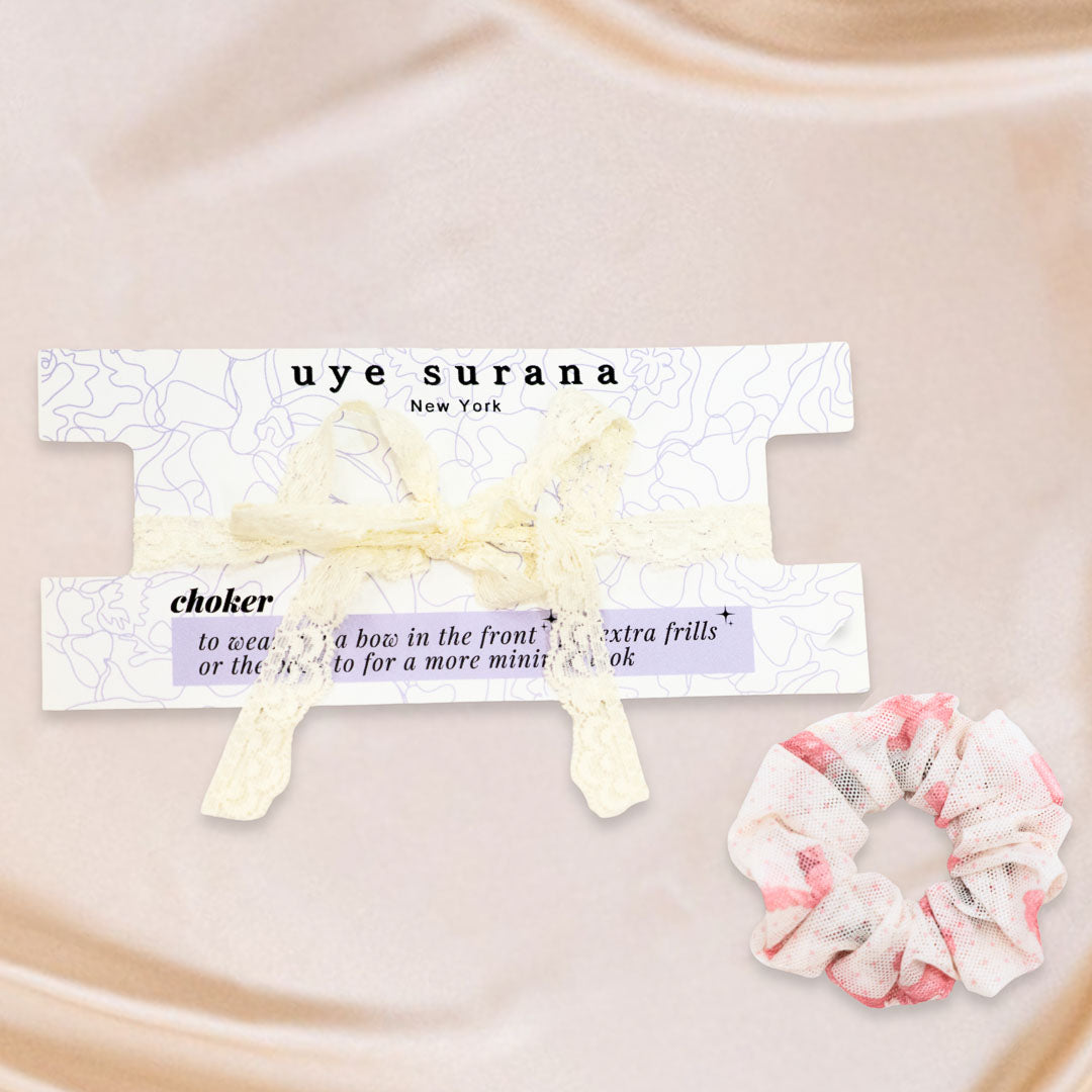 Coquette Bows Scrunchie + Pearl Choker Set - Uye Surana