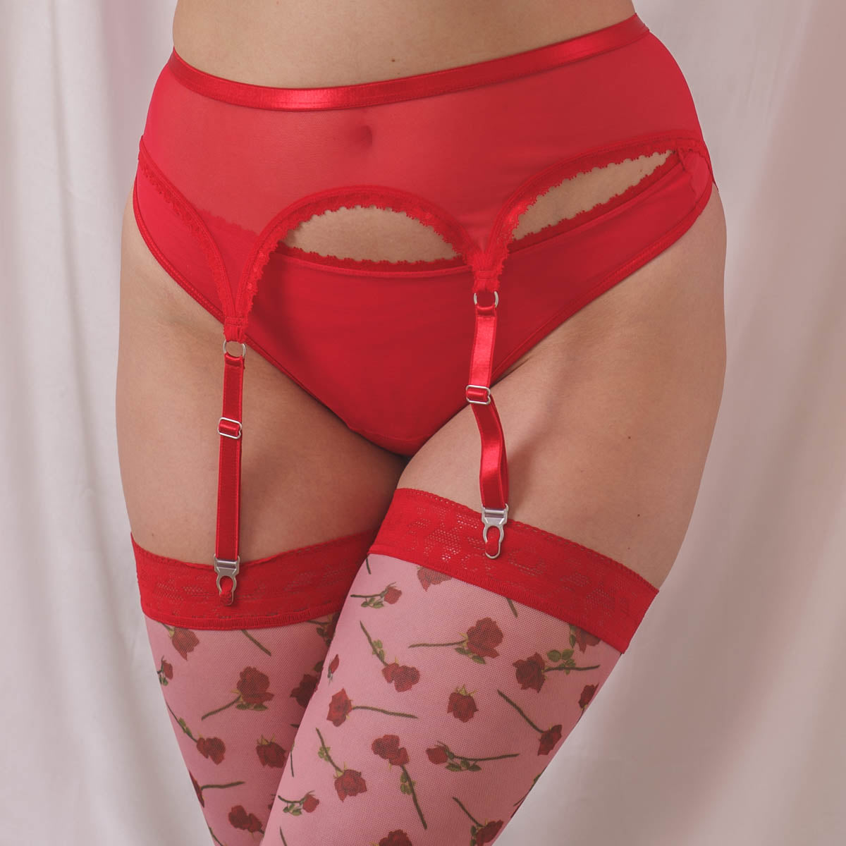 Sheerly Mesh Adjustable Garter Belt in Rose Red - Uye Surana