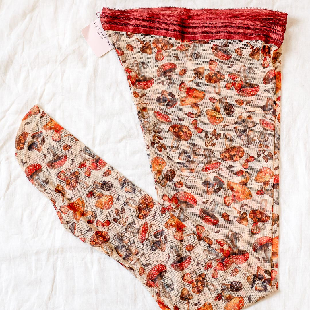 Magical Mushrooms All-Over Printed Hold Up Stockings 3X/4X Narrow Ankles