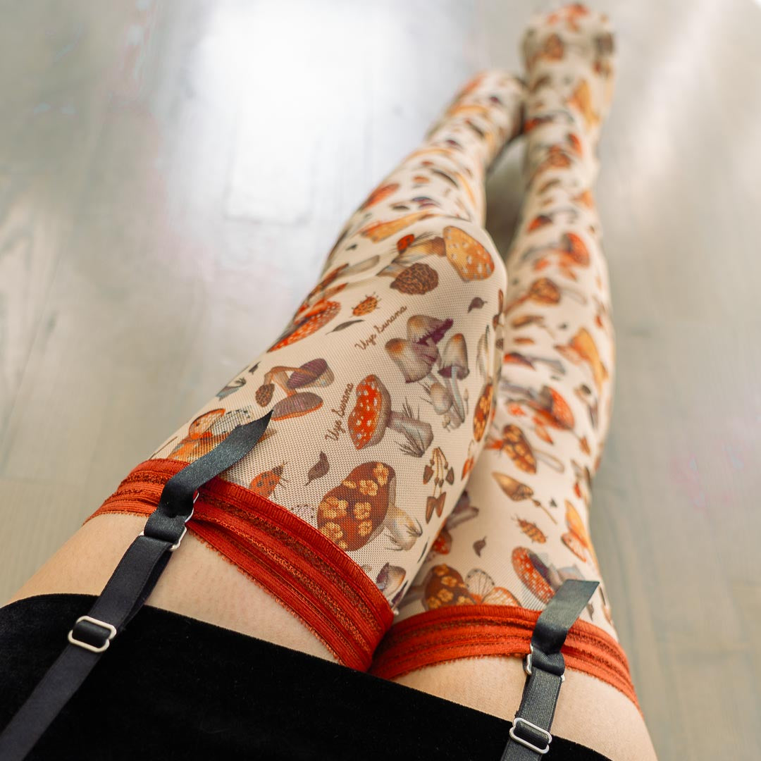 Magical Mushrooms All-Over Printed Hold Up Stockings 3X/4X Narrow Ankles