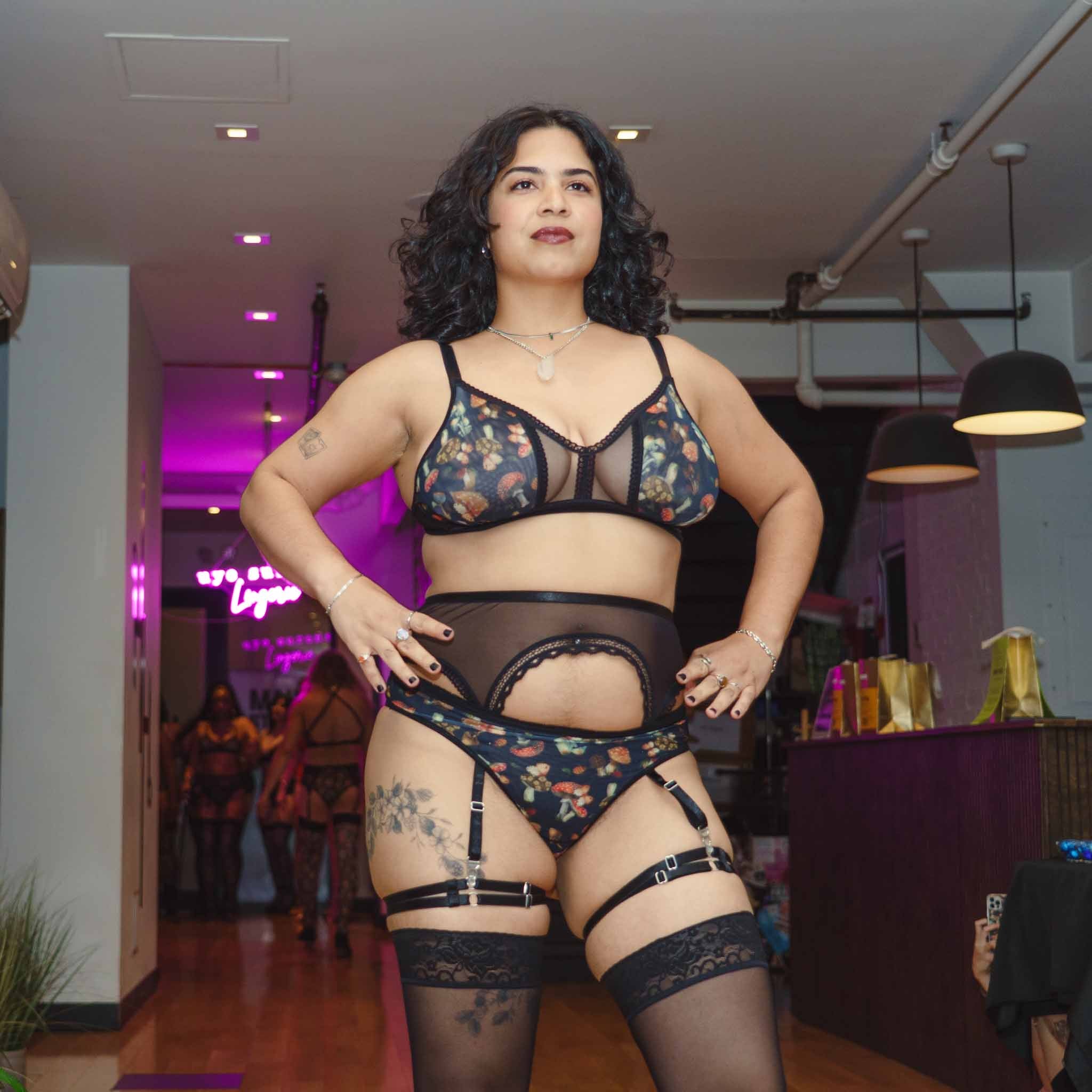 Black Mesh Garter + Stockings Set - Uye Surana