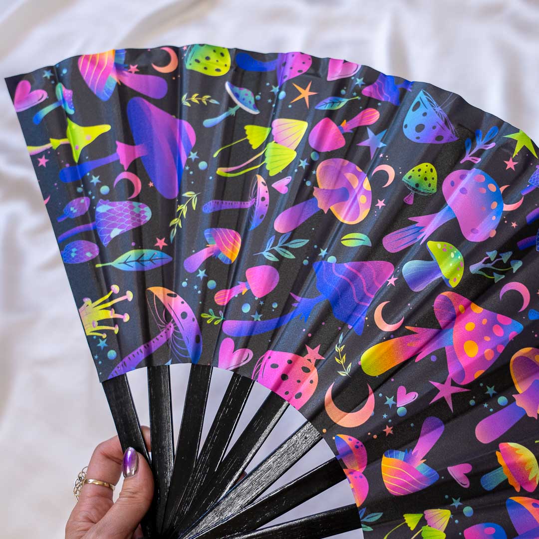 Psychedelic Mushrooms UV Glow Large Folding Fan