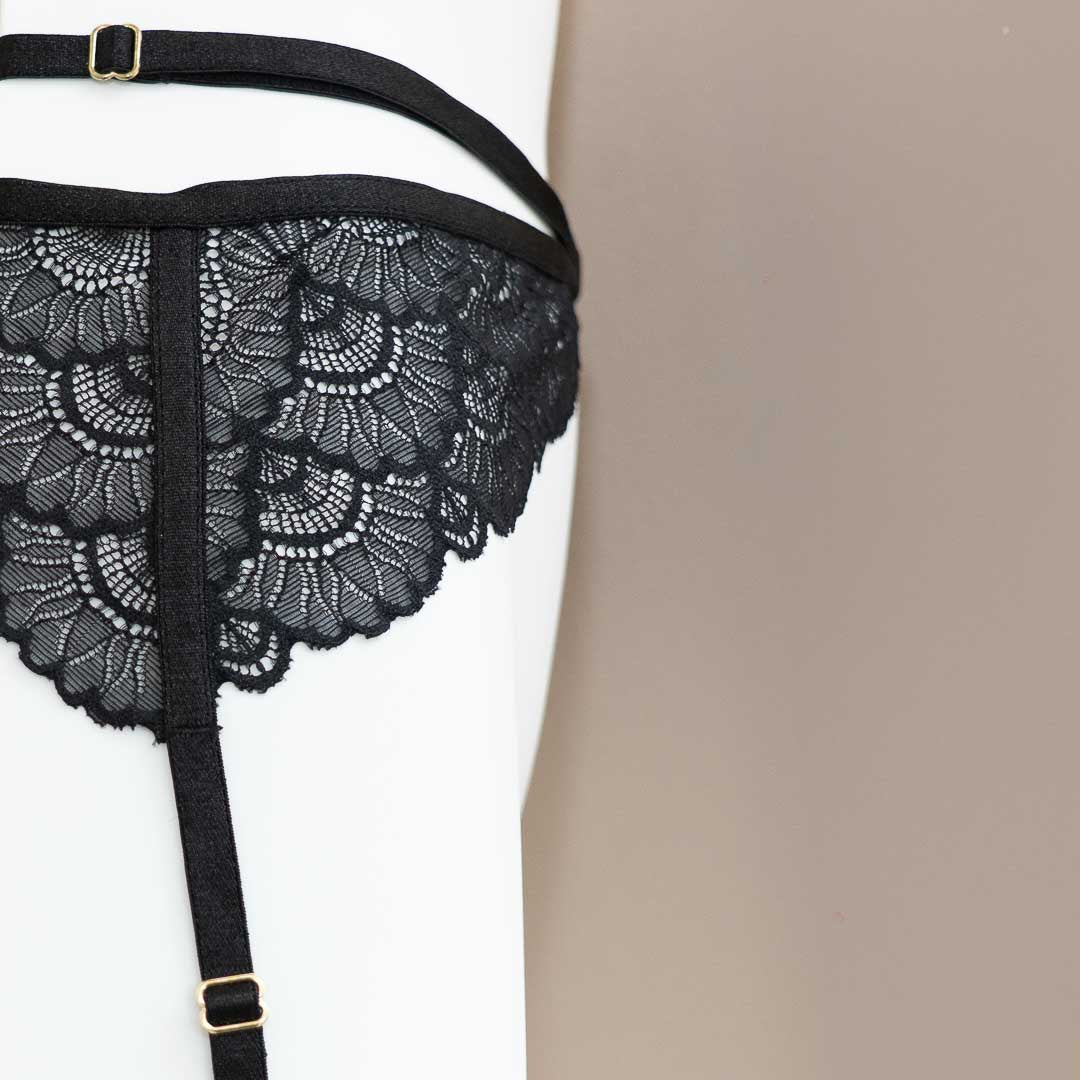 Black Strappy Lace Garter Harness Set - Fits similar to M/L