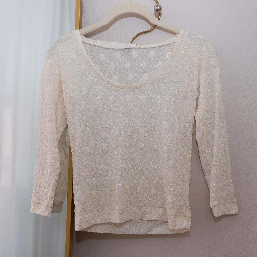 Ivory Lace Cropped Long Sleeve Top, Small