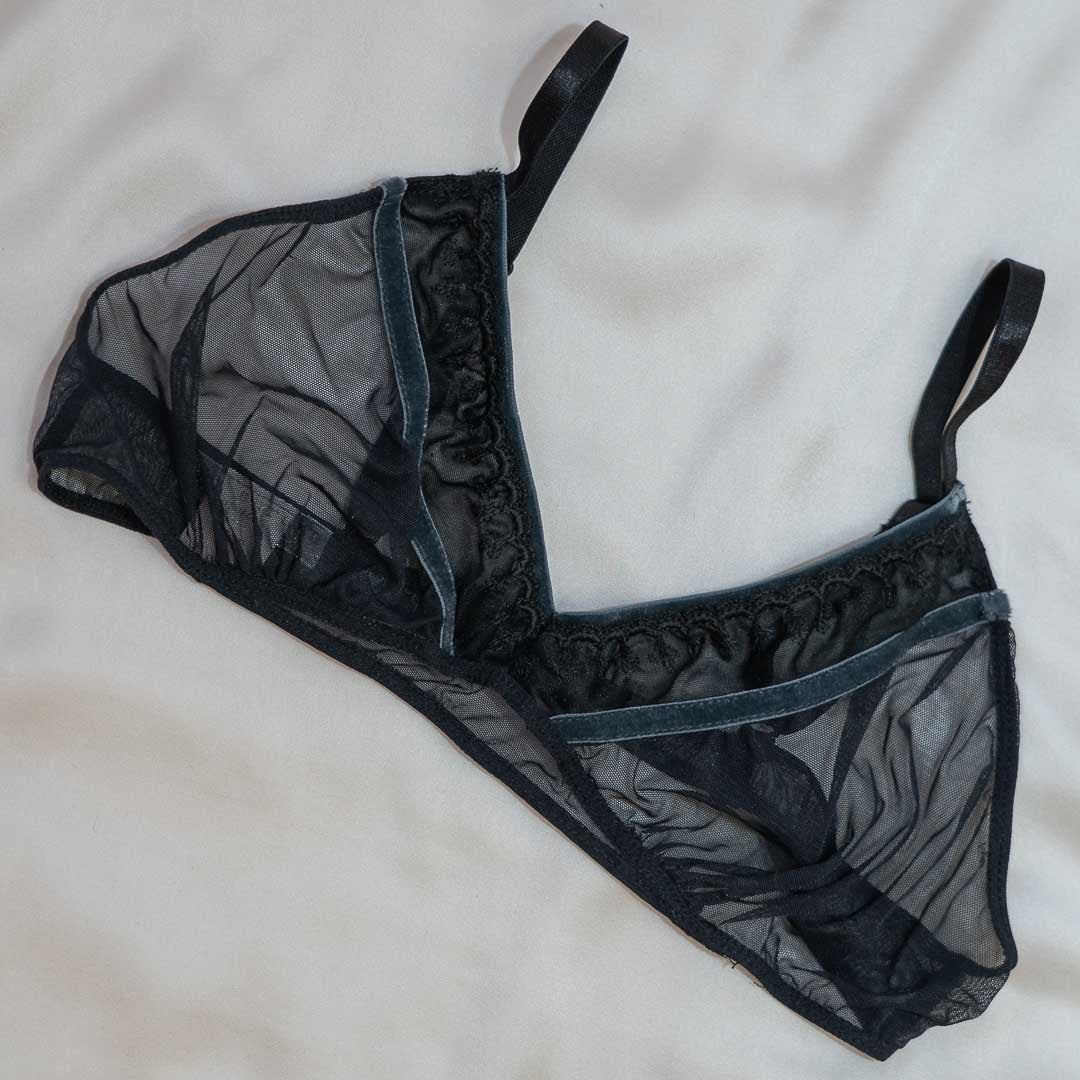 Black Mesh Velvet Trim Bralette - M/L wide band*