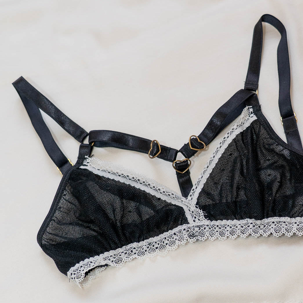 Black & White Hearts of Venus Strappy Lingerie Set - One-of-a-kind - Uye Surana