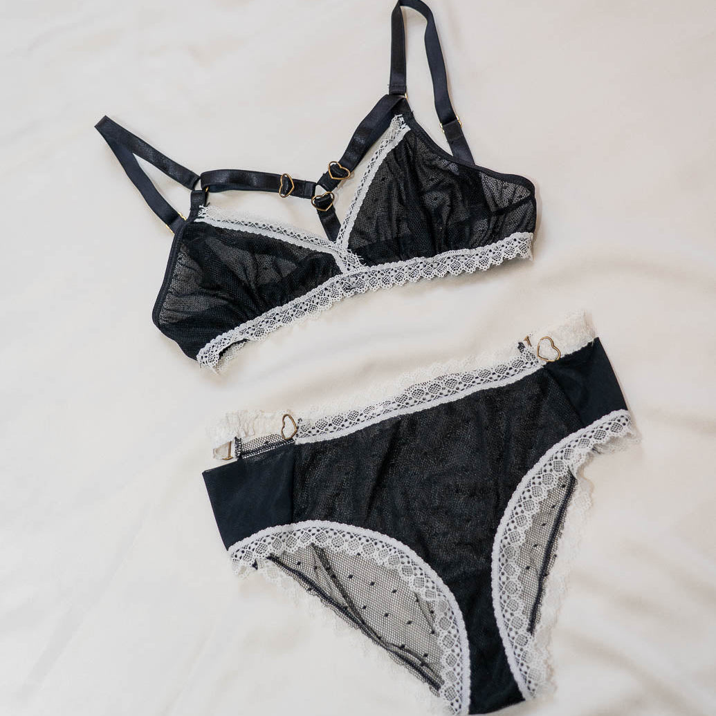Black & White Hearts of Venus Strappy Lingerie Set - One-of-a-kind - Uye Surana