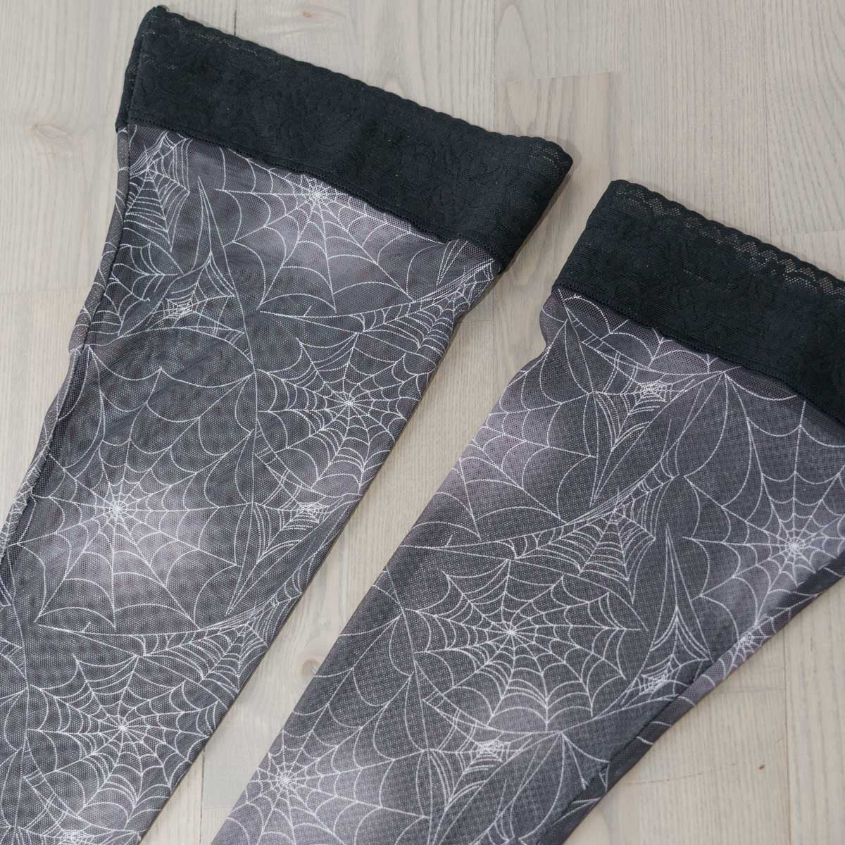 Spiders Lace Web Print Mesh Stay Up Stockings - Uye Surana