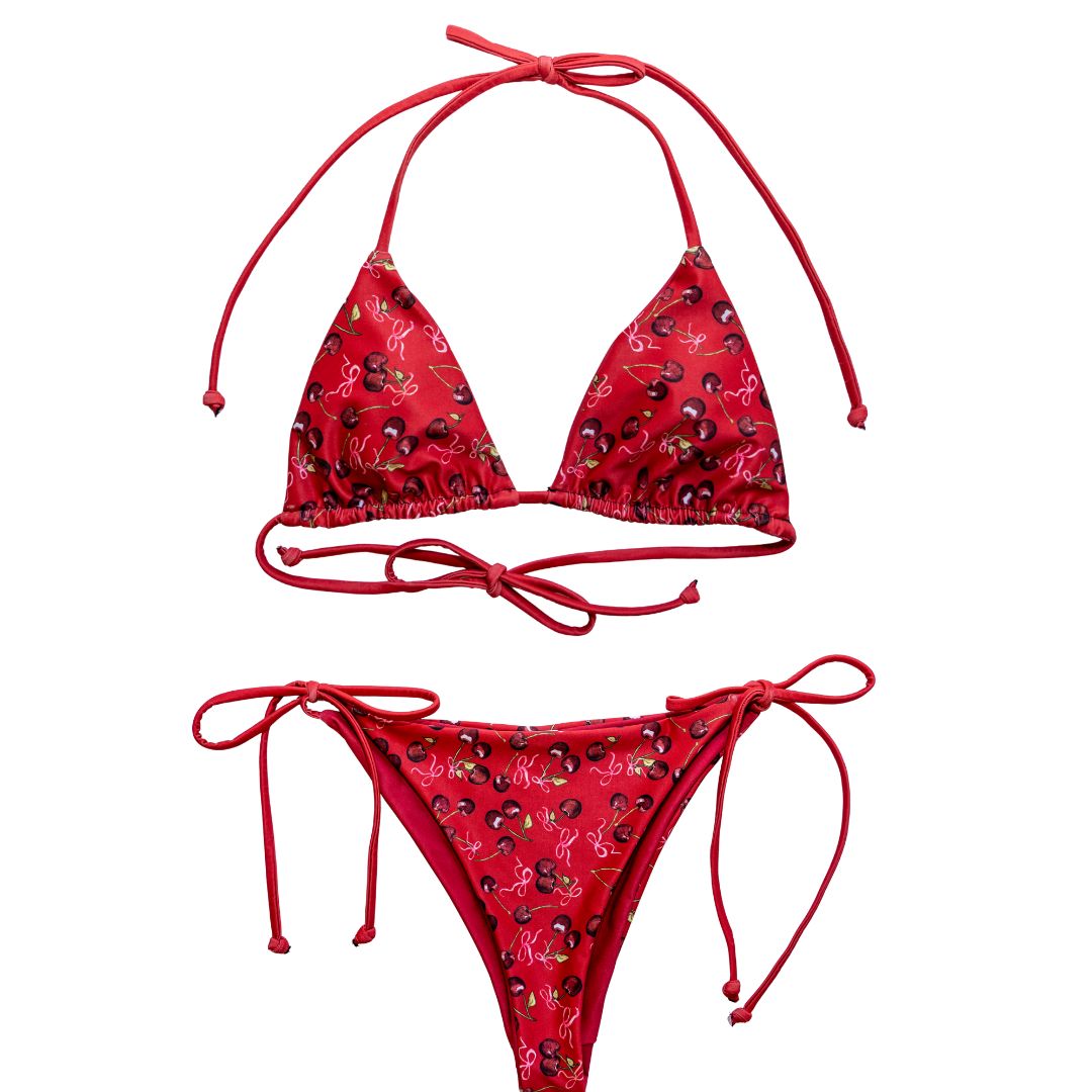 Cherry Rush Ribbon Print String Bikini Set