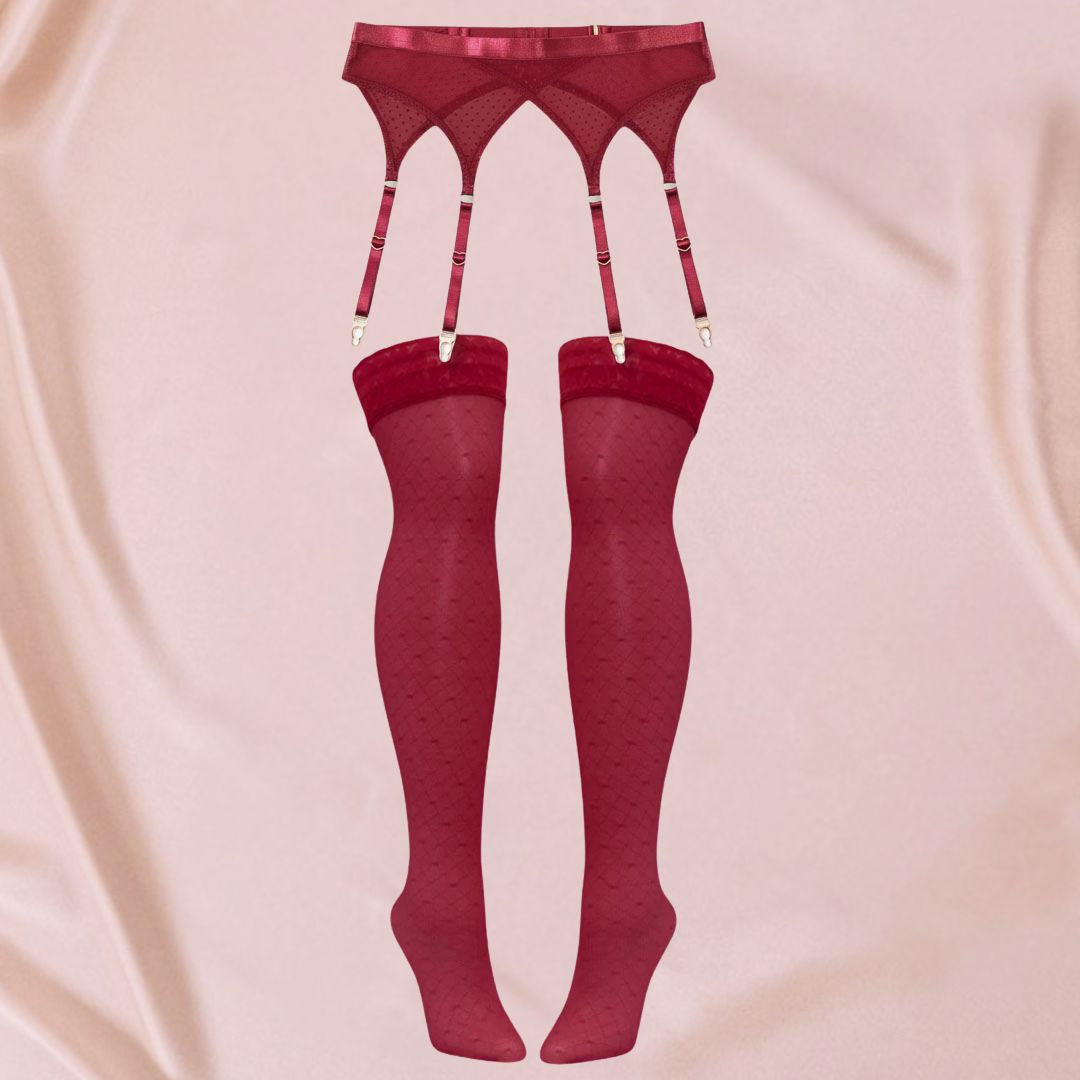 Wine Hearts of Venus Garter Stocking Set - Uye Surana