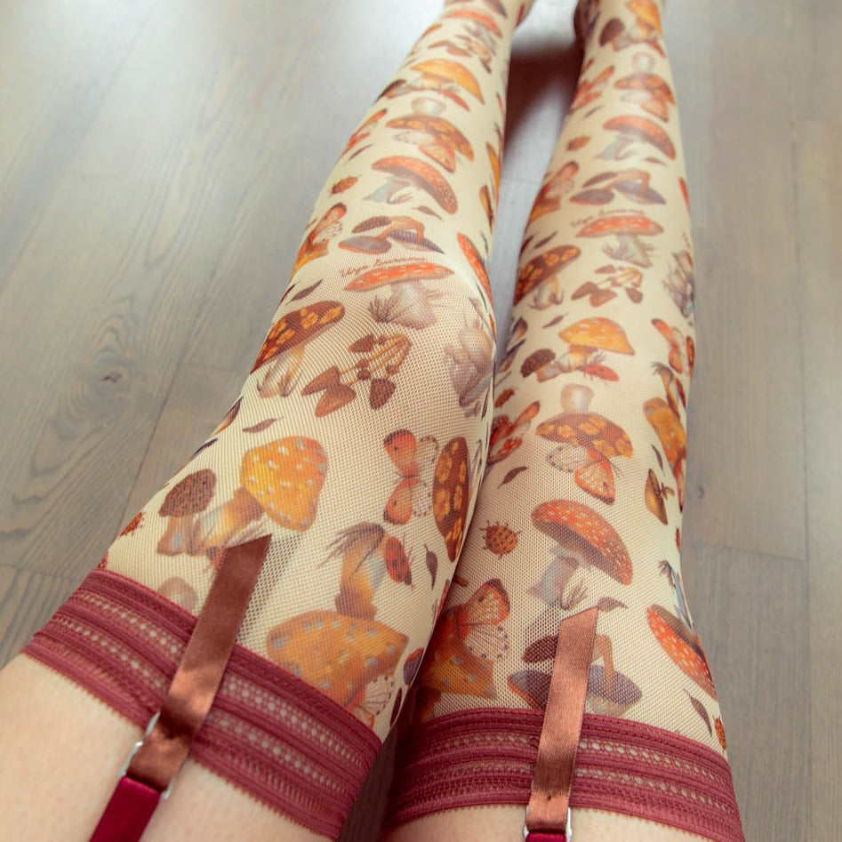 Magical Mushrooms Printed Thigh High Stockings - Uye Surana
