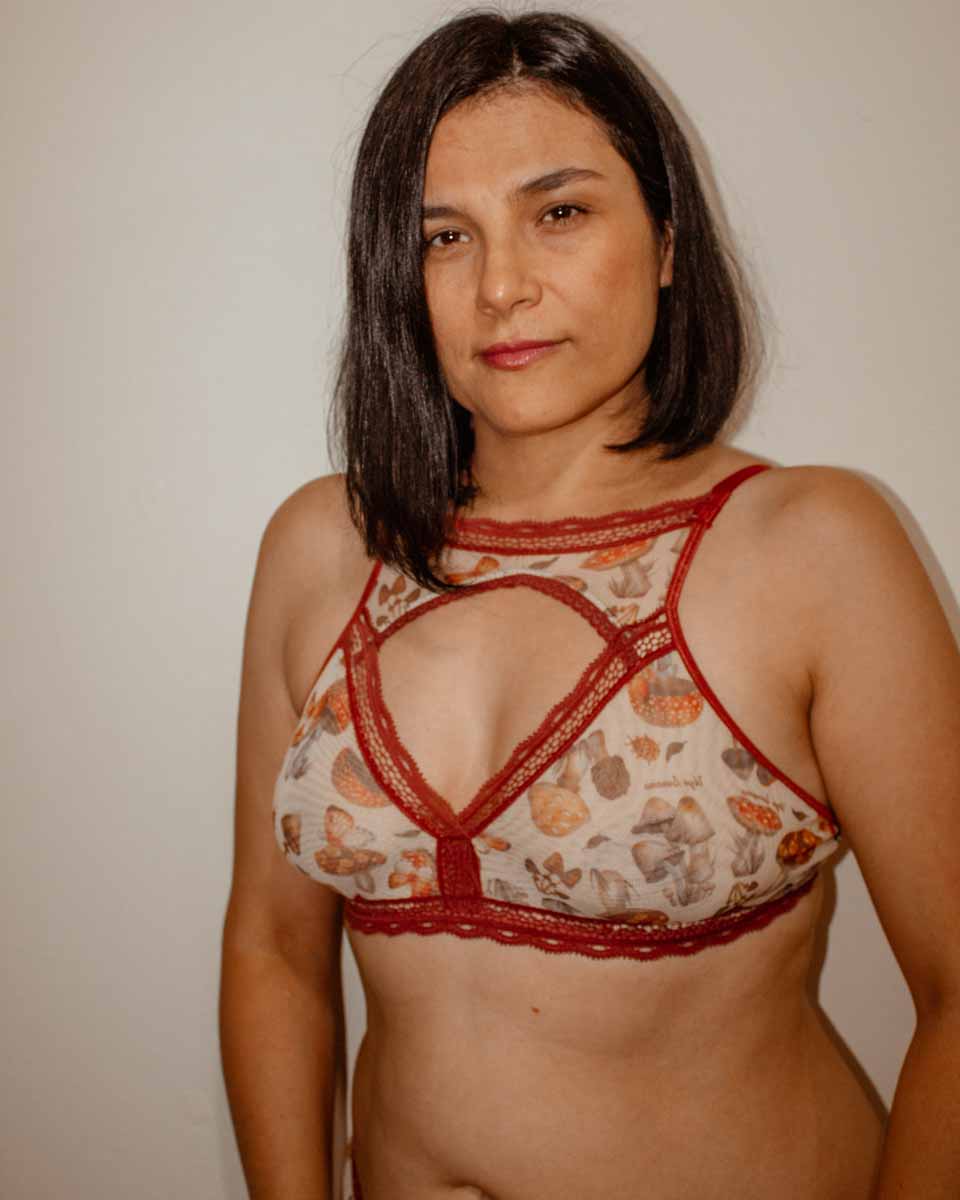 Magical Mushrooms All Over Print High Neck Bralette - Uye Surana