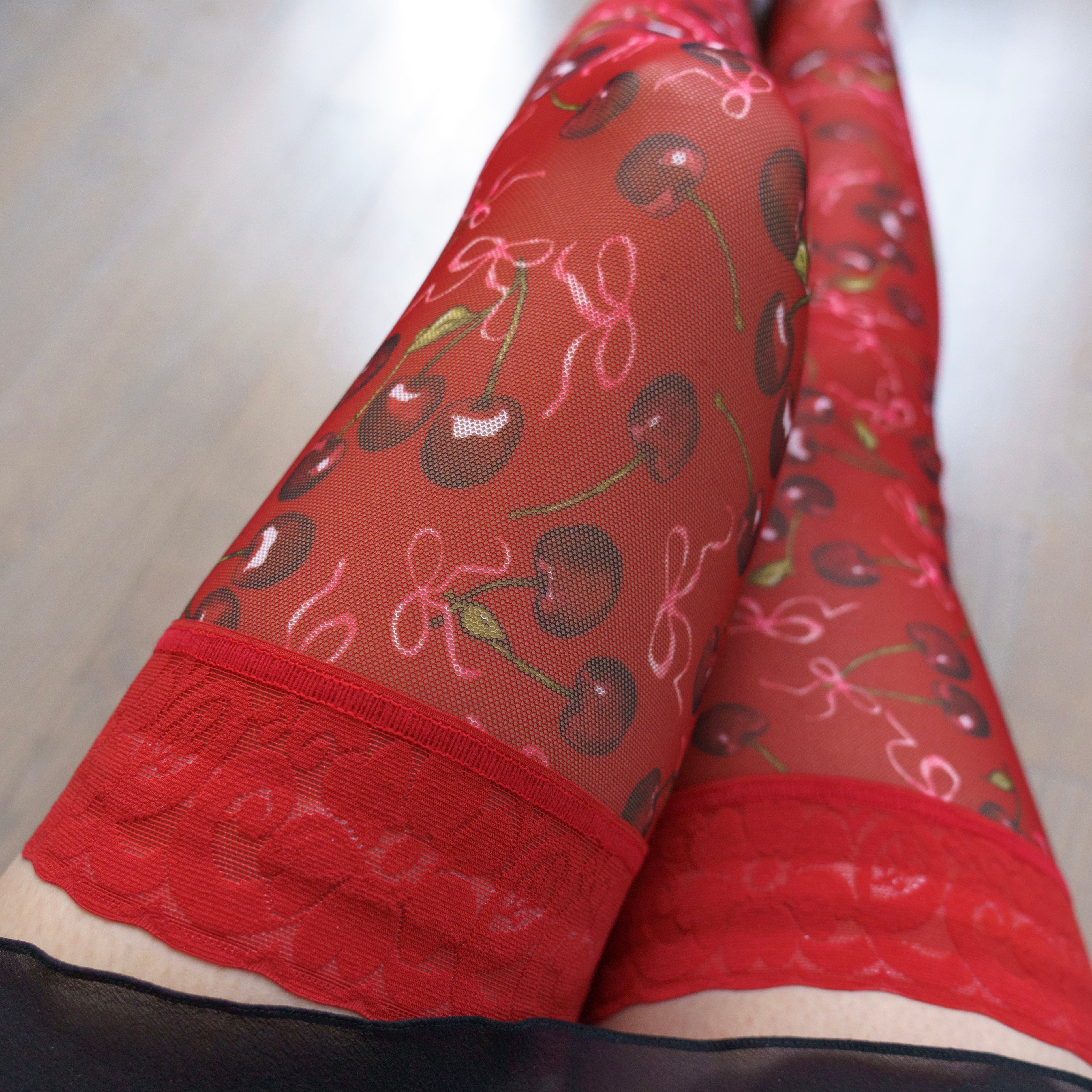 Cherry Rush Ribbon Print Stay Up Stockings