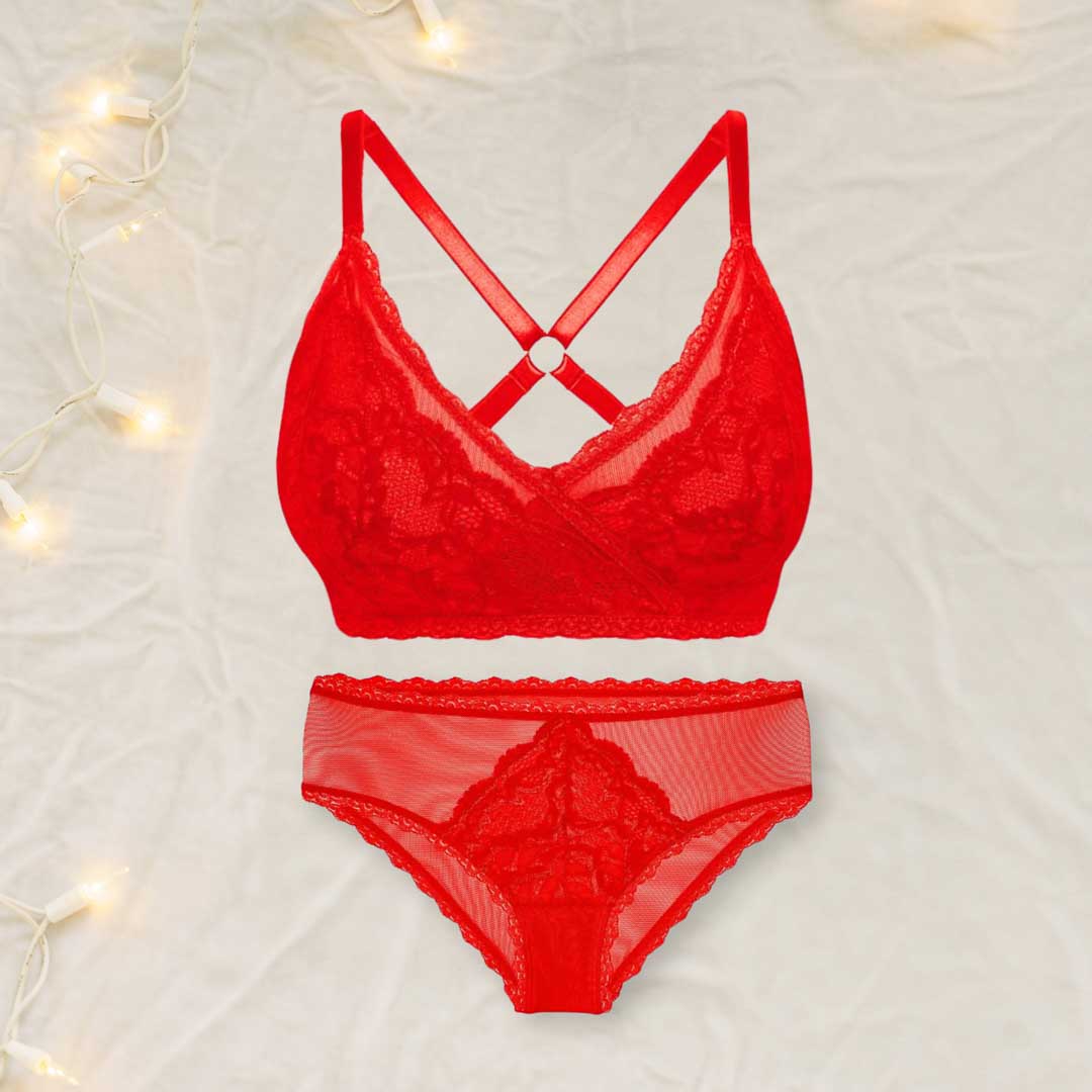 Rose Red Lace Racerback Lingerie Set - Uye Surana