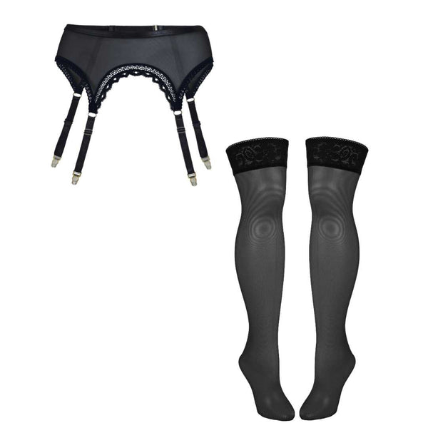 Black Mesh Garter Belt + Stockings Set - Uye Surana