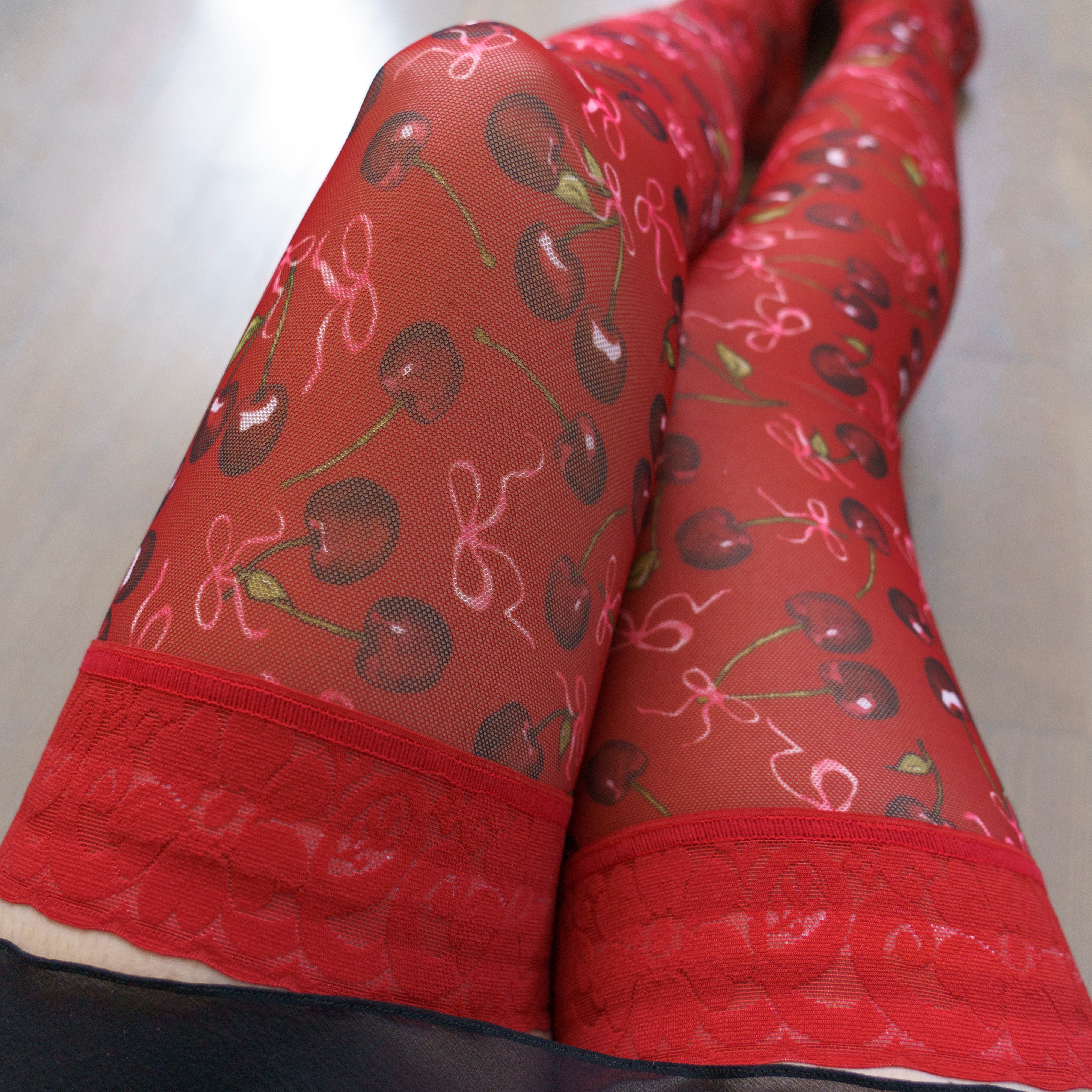 Cherry Rush Ribbon Print Stay Up Stockings