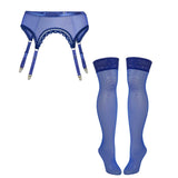 Sheerly Mesh Adjustable Garter Belt + Stockings Set in Ultramarine - Uye Surana