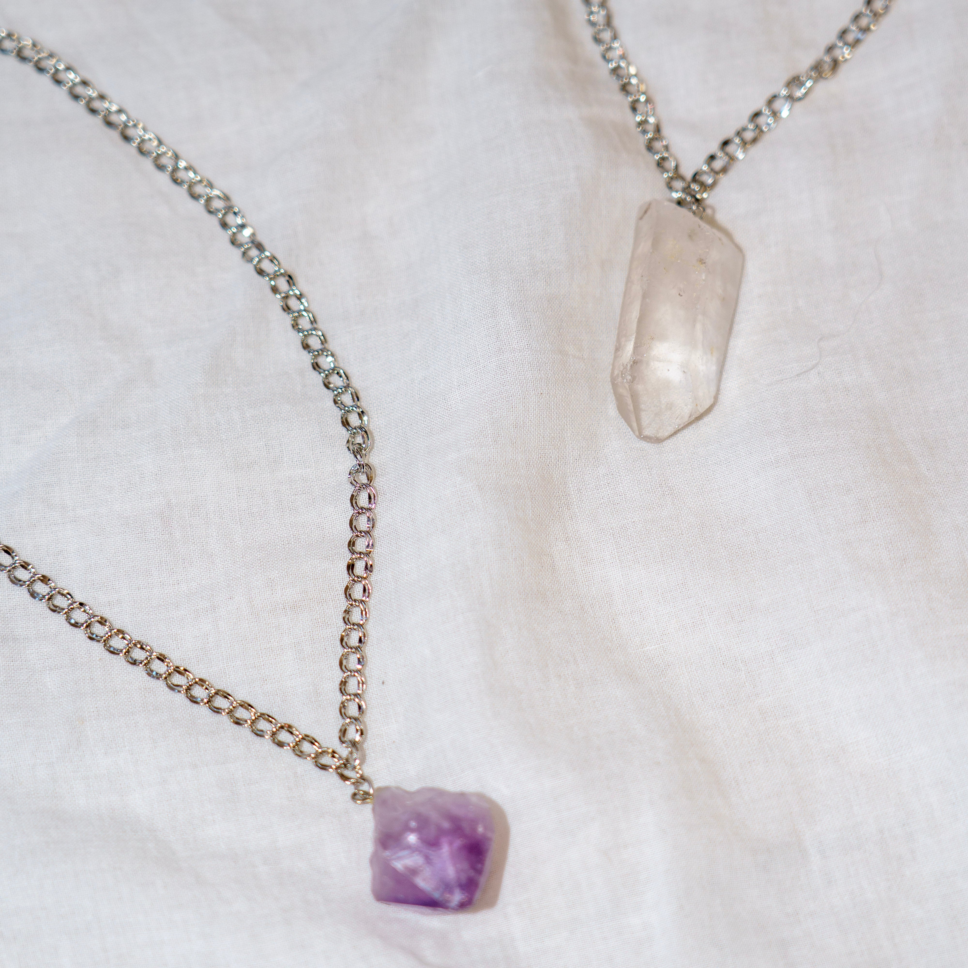 Raw Quartz Crystal Chain Choker in Silver