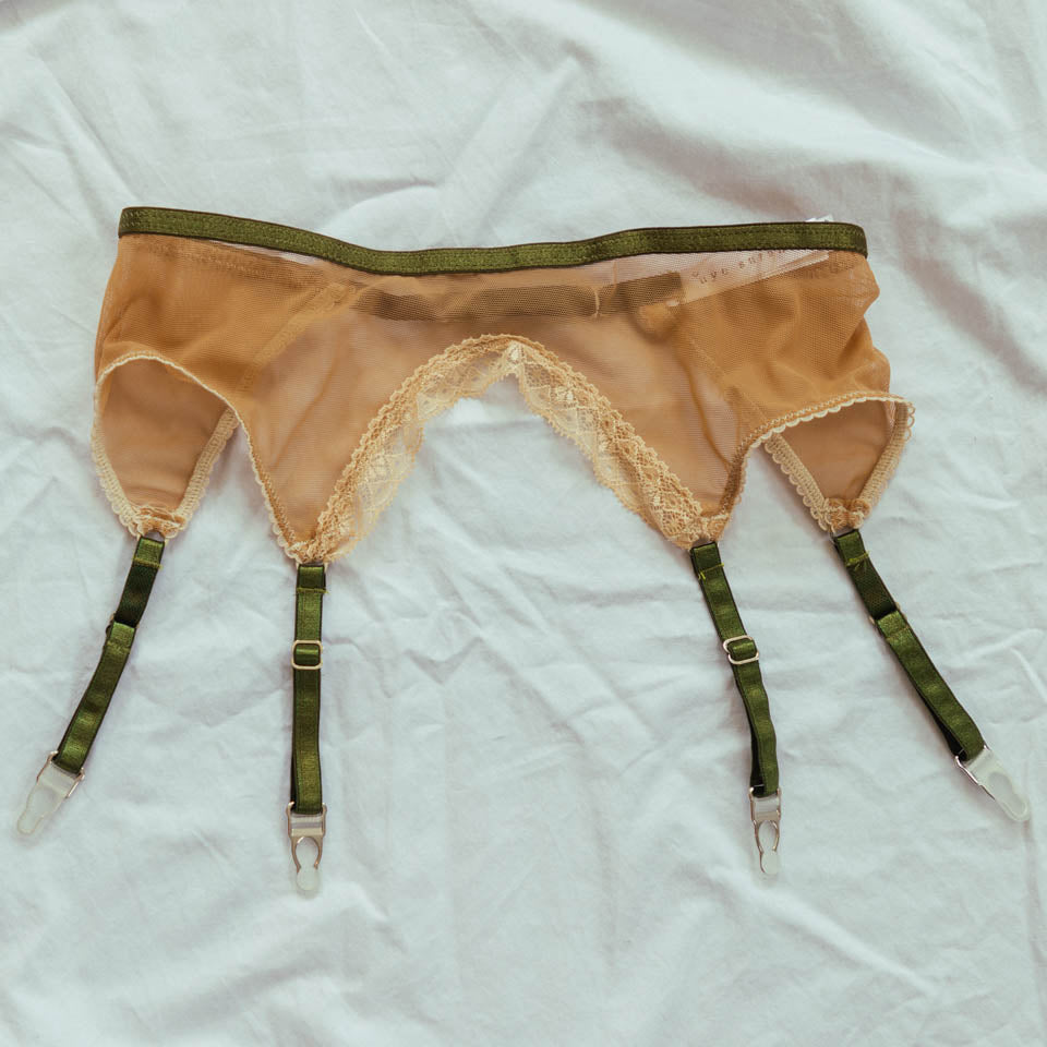 Sheerly Mesh Adjustable Garter Belt in Olive - Uye Surana