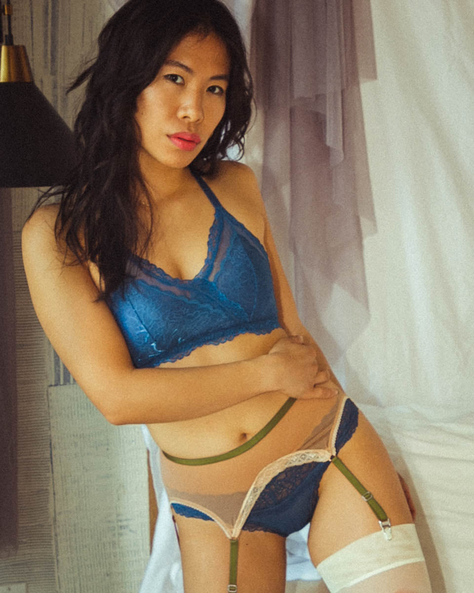 Sheerly Mesh Adjustable Garter Belt in Olive - Uye Surana