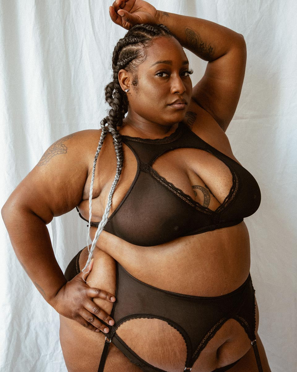 Black Sheerly Mesh Adjustable Garter + Stockings Set 3X/4X
