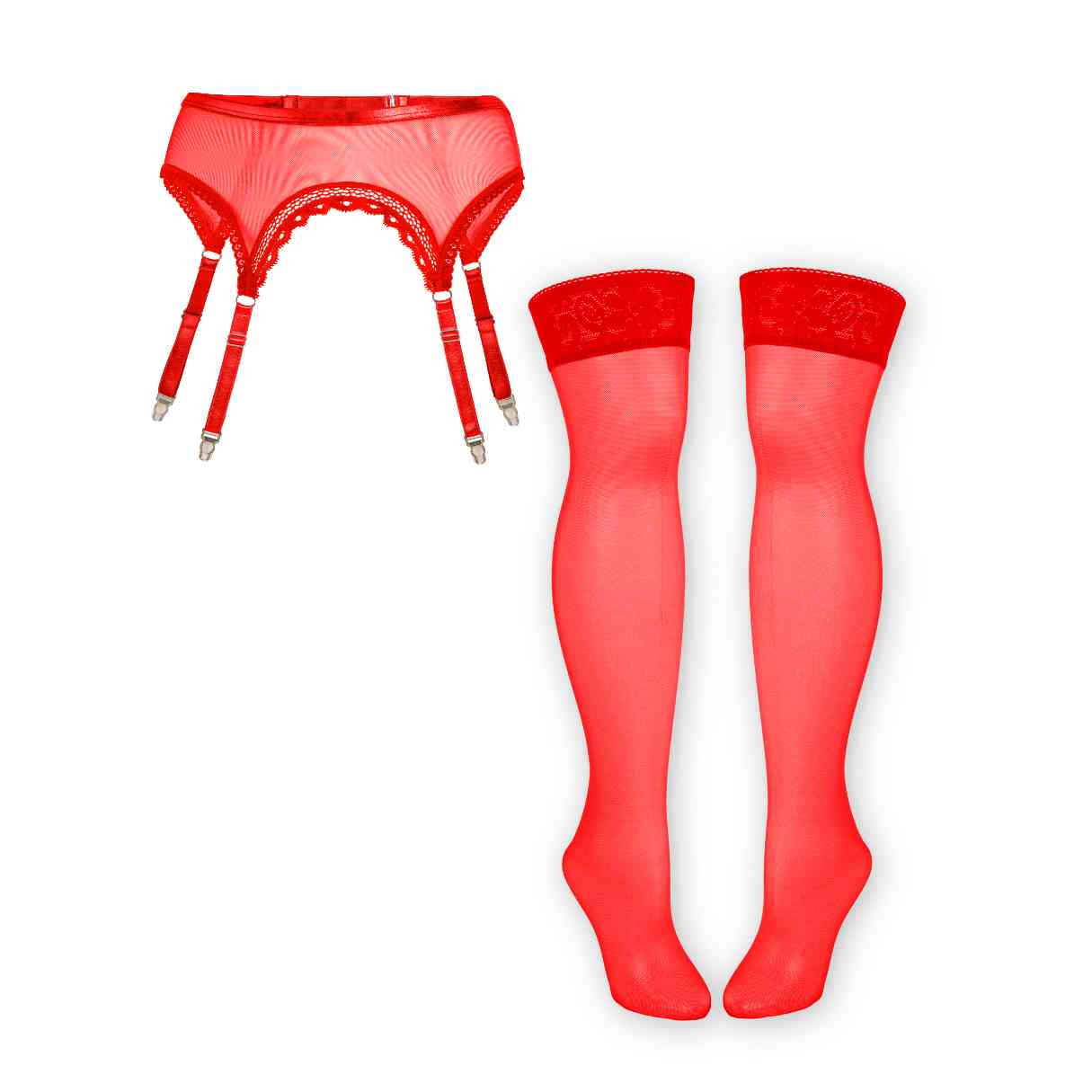 Red Mesh Garter Stockings Set