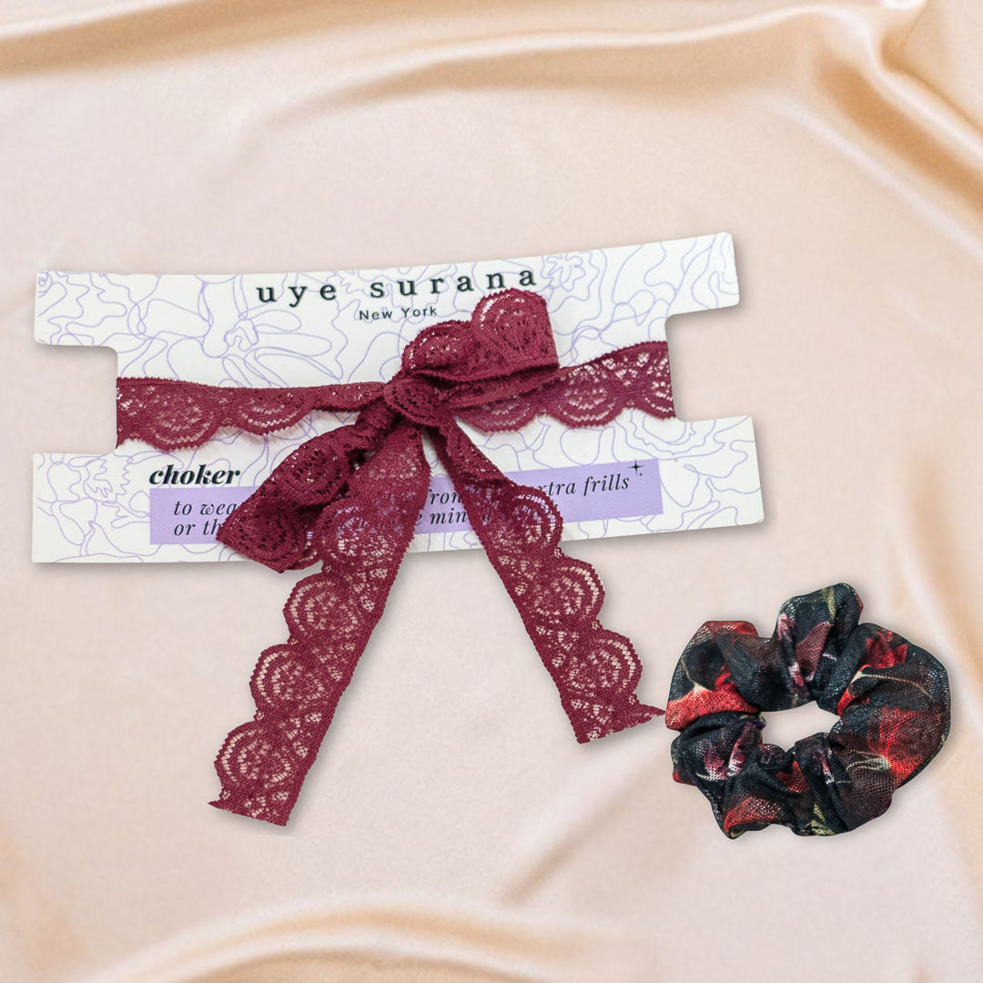 Garden Fantasy Scrunchie + Wine Choker Set