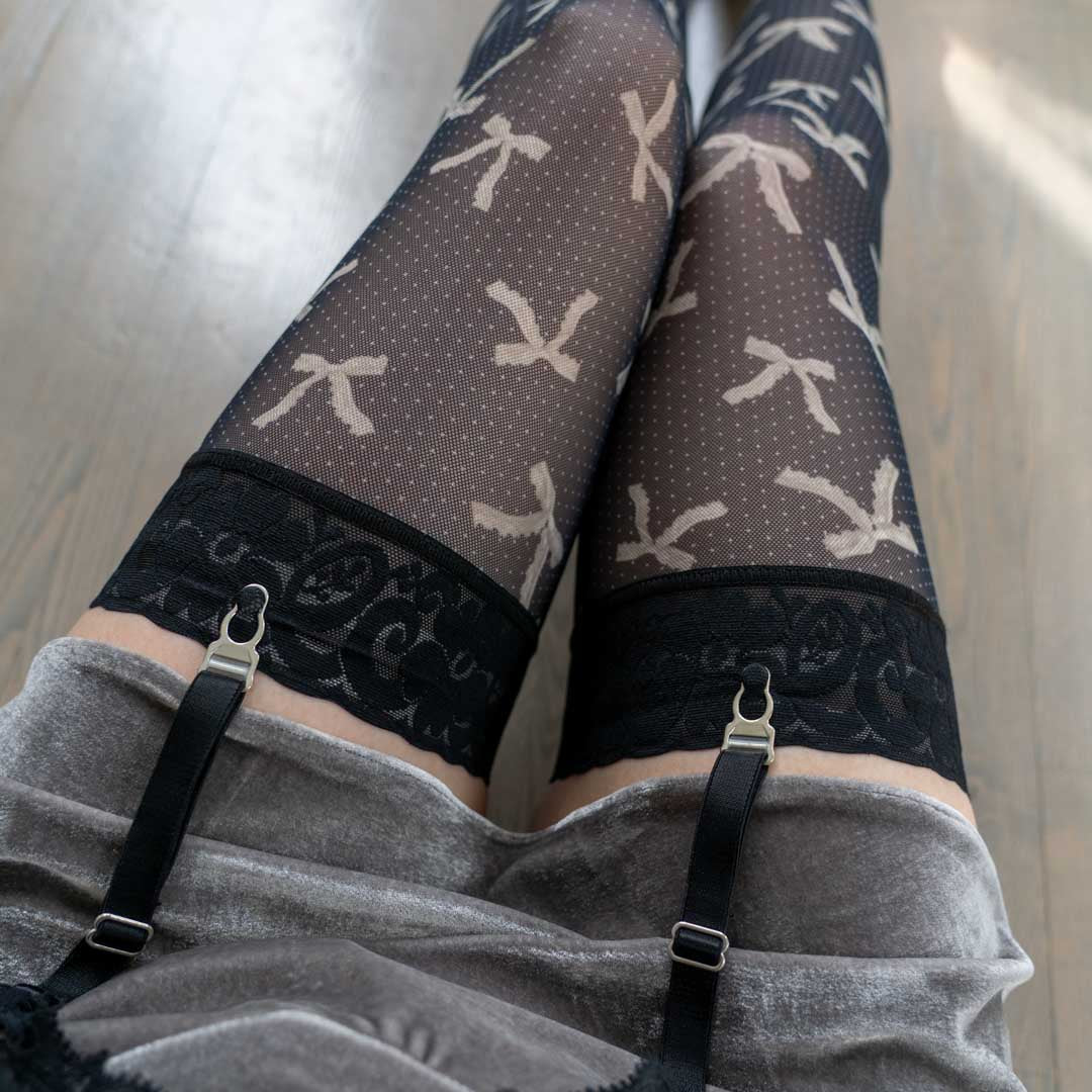 Black and Pearl Bows Stay Up Stockings