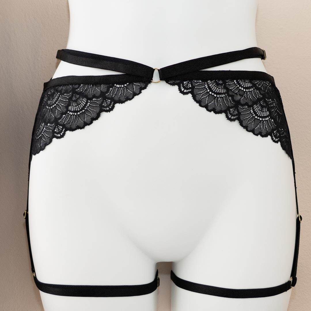 Black Strappy Lace Garter Harness Set - Fits similar to M/L