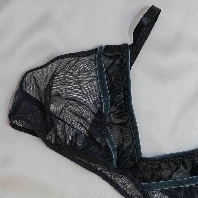 Black Mesh Velvet Trim Bralette - M/L wide band*