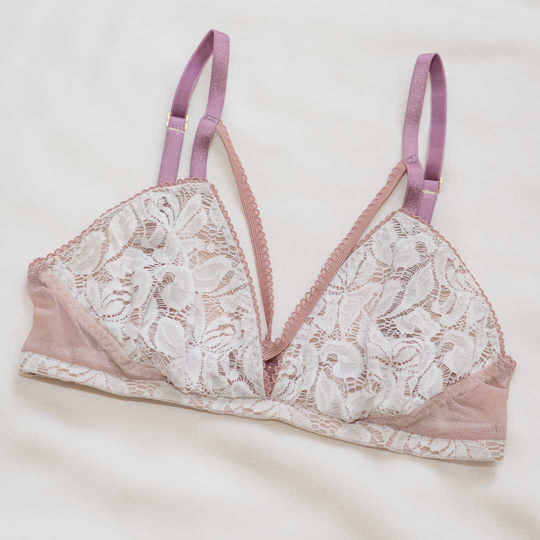Helena Strappy Lace White Mauve Bralette 32B - Handmade in NYC