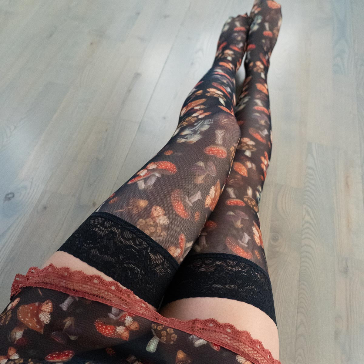 Mystical Mushrooms Printed Stay Up Stockings - Uye Surana