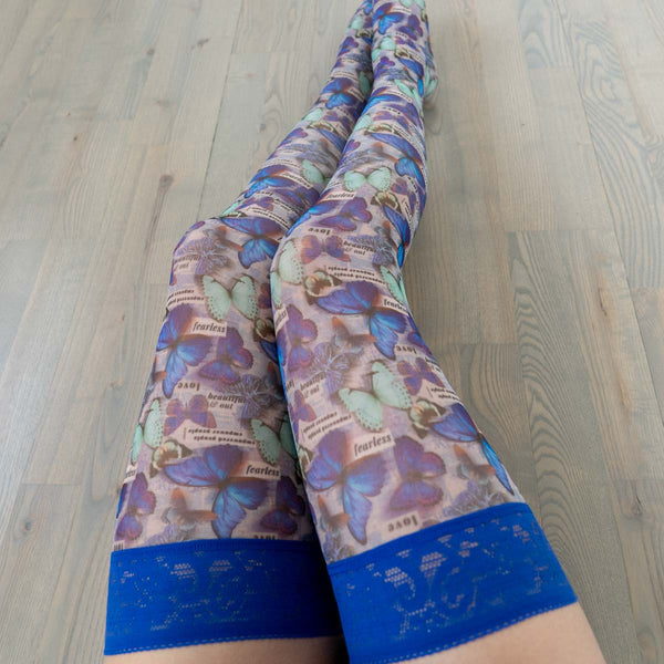 Butterfly Metamorphosis Printed Stay Up Stockings - Uye Surana