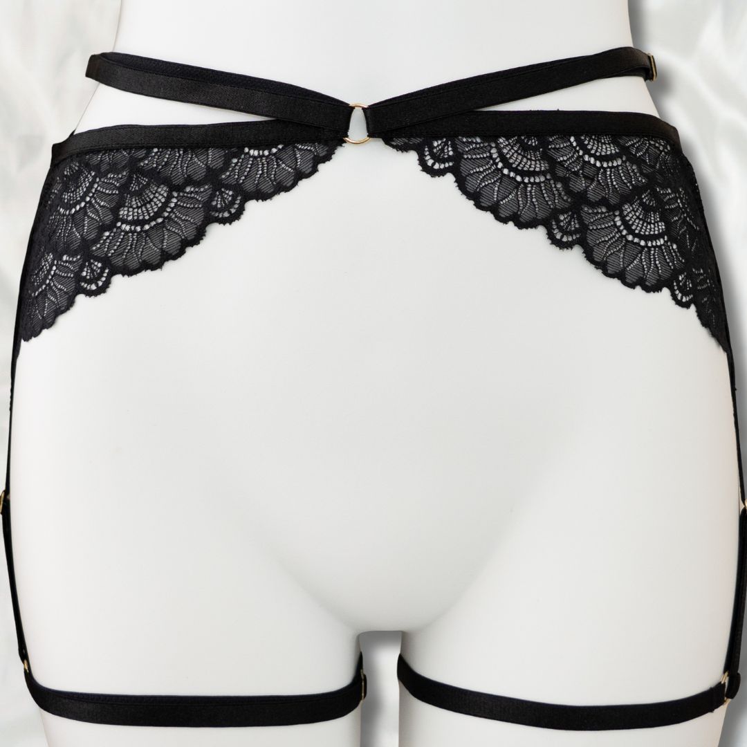 Black Strappy Lace Garter Harness Set - Fits similar to M/L