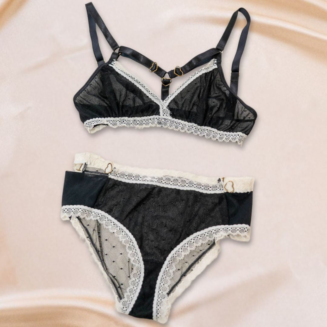 Black & White Hearts of Venus Strappy Lingerie Set XS/S - One-of-a-kind