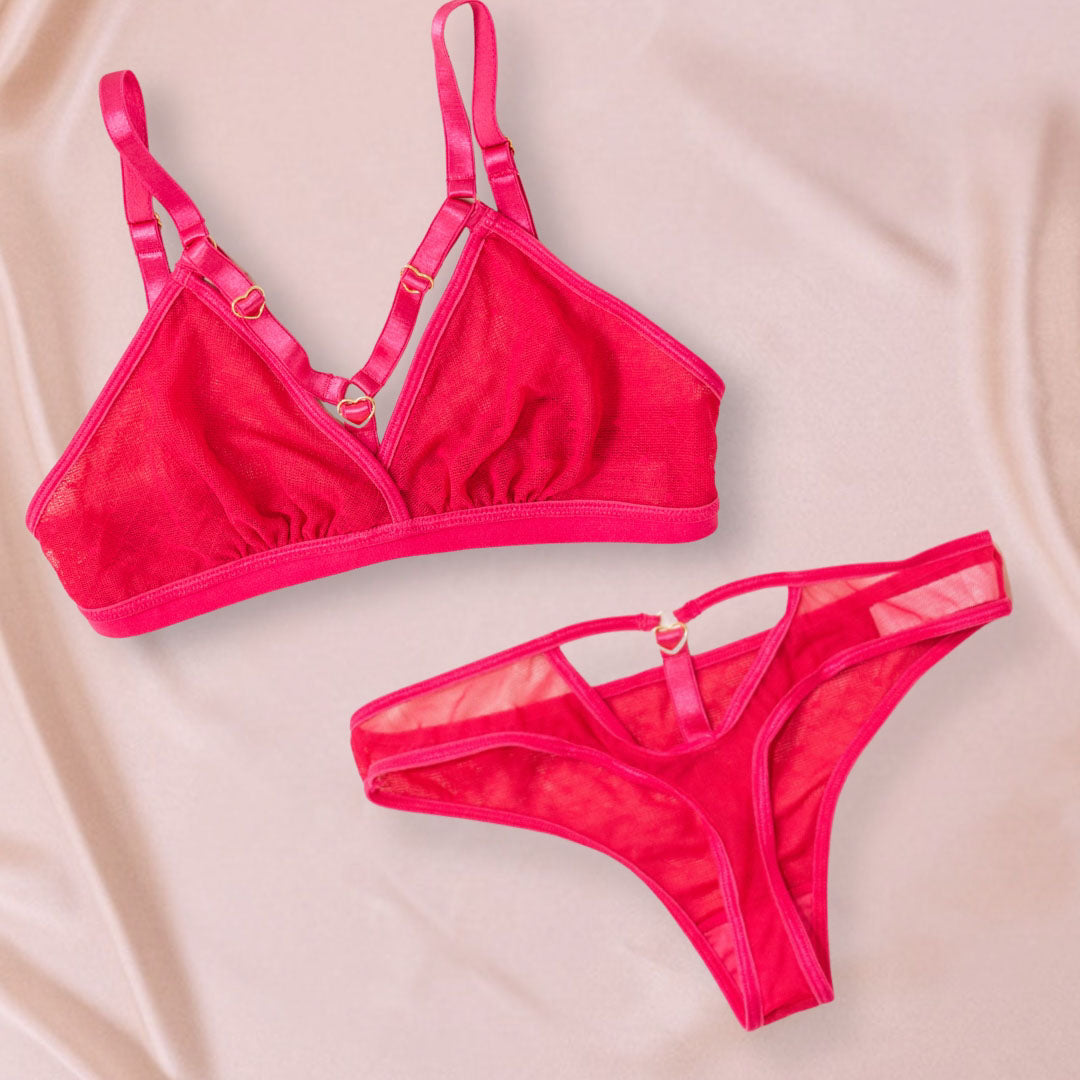 Hot Pink Strappy Lingerie Set - Uye Surana