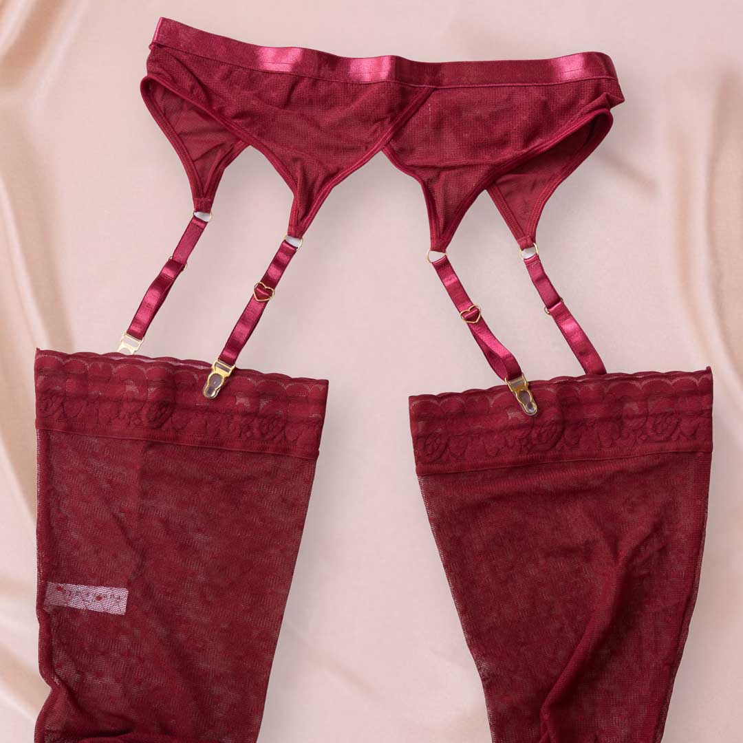 Wine Hearts of Venus Garter Stocking Set - Uye Surana