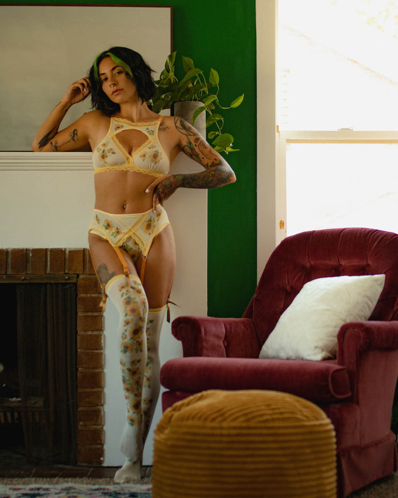 Sunflower Bees Printed Thigh-high Stockings - Uye Surana