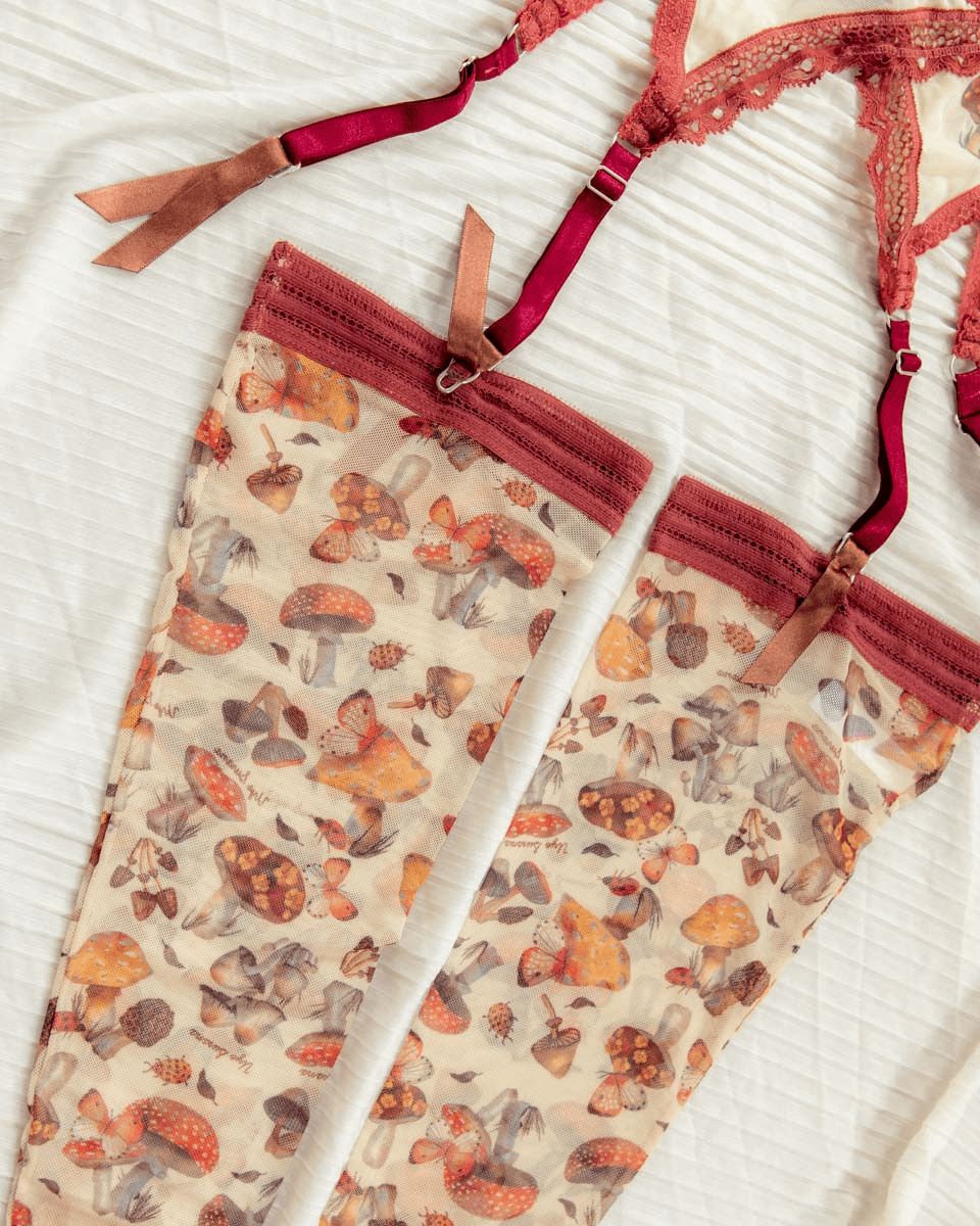 Magical Mushrooms Printed Thigh High Stockings - Uye Surana